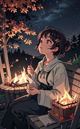 1930s (style), a loli girl in a Adirondack lean-to roasting marshmallows over a campfire looking up at a stary night surrounded by maple trees, Sketch, autumn_leaves, star_(sky),Lofi,LOFI,cassdawnlvl1,day,EpicArt