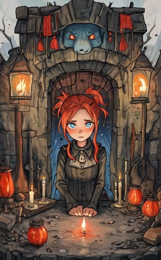 A juvenile horror book cover with letters that look like melted wax for "The Candle Lighter, by J.R. Ghostwood" In a world ravaged by the Black Plague, a clumsy and determined young woman, Emberlyn Coalhaven, takes working as a grave digger. With her short strawberry blonde hair tied up in messy ponytails, she navigates the treacherous mountain town, her glowing ember eyes casting ghostly candle magic from her magical miner's lantern to ward off any evil spirits that may lurk in the shadows.