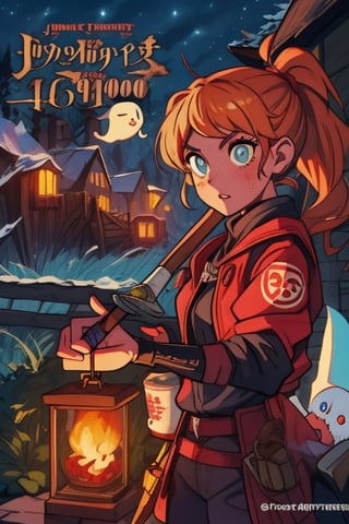 1990s book cover for a  juvenile cartoon horror with letters that look like melted wax for "Grim Night, by J.R. Ghostwood" a young woman of 14 with short strawberry blonde hair tied up in messy ponytails and ember eyes armed with an Epee and miner's lanterns in cold barren island 1850s town at night during a terrible storm who is being hunted by Vampires,ppcp