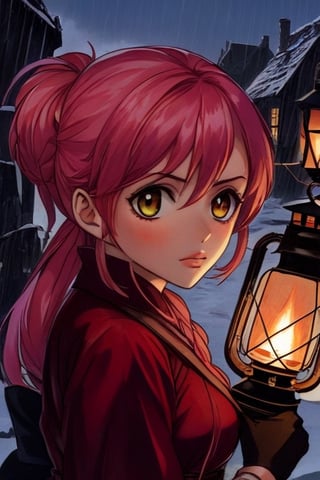  a young woman of 14 with short strawberry blonde hair tied up in messy ponytails and ember eyes armed with an Epee and miner's lanterns in cold barren island 1850s town at night during a terrible storm who is being hunted by Vampires, masterpiece, best quality,comic_book_cover, lycanthrope, amber_eyes, windy, raining, pink_hair,Extremely Realistic,3d style,sugar_rune