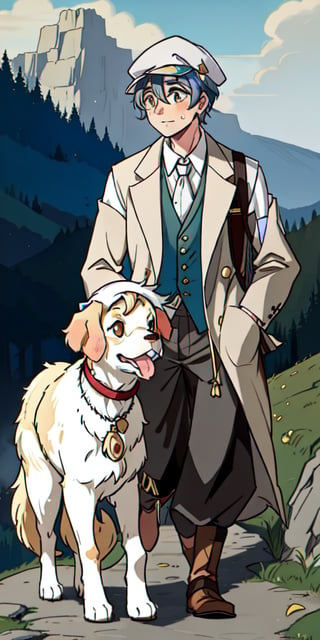 1930s (style), a young shy crippled young man wearing newsboy cap, limping using a long heavily walking stick, a men's lounge jacket embroidered with Sami symbolism, bohemian vest, and Ascot, worn-out pants hiding his left leg brace, walking a cuddly white golden retriever pup, surrounded by a haunted 1920s Oregon mountain town, nestled in the cliffs,