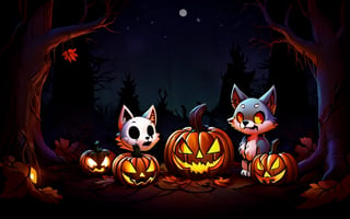 Comic_Strip, a cute scared wolf pup lost in a haunted forest, autumn_leaves, wolf, chibi, night, spooky,cute00d,Jack o 'Lantern