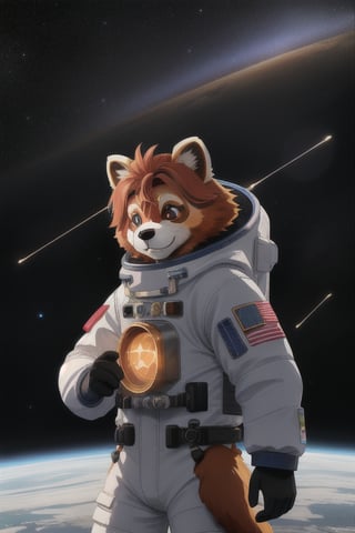 a male kawaii furry suit of a red panda golden retriever hybrid with glowing celestial constellation markings fully body portray wearing a bohemian-style space suit, with a mix of Yakut and Sami symbolism embroidered on his shirt, surrounded by the dieselpunk space station orbiting Uranus, complex lighting, and shadows