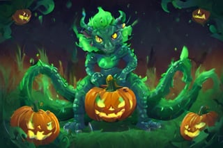 1930s-style, the emerald dragon witch made of vines hiding in a spooky pumpkin patch on Halloween night,3d style, Gill_man,flatee