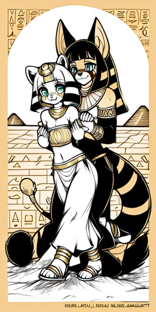 An injured happy female red_panda walking through in a Sami-Egyptian slum with her anubian_jackal boyfriend, line_art, Black_and_white, manga, 1_page, happy, boyfriend, hand_holding, hugging, ancient_egypt, egyptian loli (surio), loin_cloth, golden_jewelery, protected