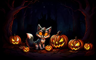 Comic_Strip, a cute scared wolf pup lost in a haunted forest, autumn_leaves, wolf, chibi, night, spooky,cute00d,Jack o 'Lantern