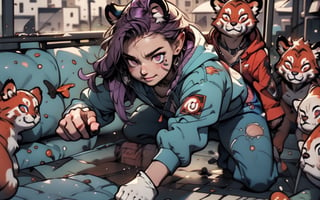 Comic, kawaii, master piece, werewikf in an abandoned zombie filled city, red_panda_hood, paw_gloves, Fur_boots, animal_marking, face_paint, chocolate_hair, violet_eyes, furry_jacket,yofukashi background, zombies,hinata,1990s \(style\),kusanagi motoko,city,chundef, action_pose, battle_stance, back_pack,running,teenage , ripped_clothing, bloody_clothes, sweatpants,Circle,vectorstyle, happy_face, hungry,cammy sf6,c.c.,manga,manwha,chara-sheet