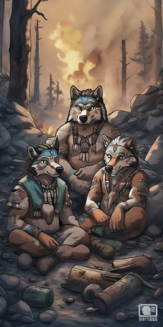 A pack of male and female wolves sitting around a fire in an abandoned mining town surrounded by evergreens, with native American markings, indian art, non-furry,ppcp