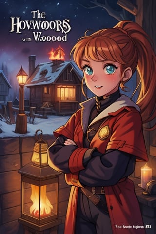 1990s book cover for a  juvenile cartoon horror with letters that look like melted wax for "Grim Night, by J.R. Ghostwood" a young woman of 14 with short strawberry blonde hair tied up in messy ponytails and ember eyes armed with an Epee and miner's lanterns in cold barren island 1850s town at night during a terrible storm who is being hunted by Vampires,ppcp