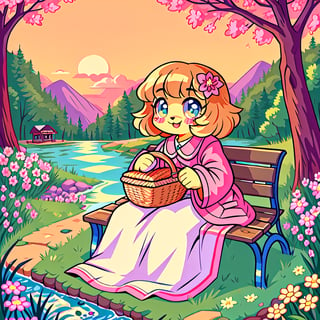 Solo_female,1930s (style), kawaii, outdoor, high_resolution, digital_art,|,a flowery field on a cool spring afternoon next to a brook| old blankets, bench, picnic, ruck_sack, basket, sack|,vectorstyle