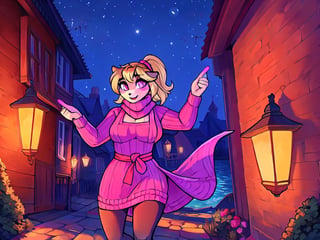 Armed with her copper Epee, Emberlyn Coalhaven explores the intriguing twists and turns of a lively coastal town, her glowing lantern held high casting dancing shadows on weathered stone wall, on a moonless night, short copper-blonde hair with pink highlights, tied up in messy ponytail and ember eyes, cream and red hand-knitted wool sweater, leather apron, pink rainbow scarf