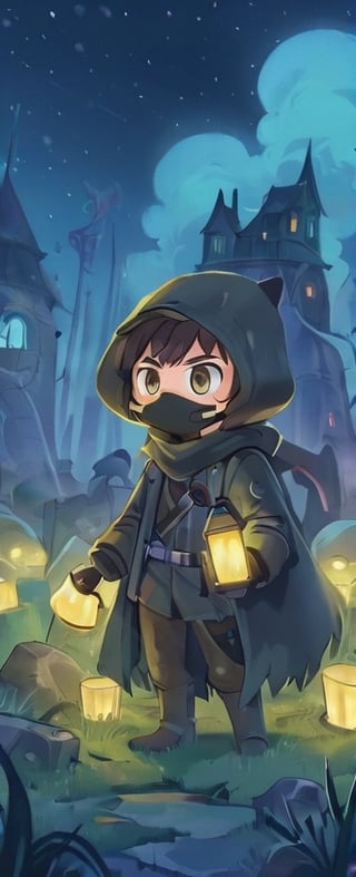 In a desolate world, a young grave digger boy roams the Bioluminescent tundra graveyard, his fur cloak and gas mask shielding him from the toxic air. With his magical miner's lantern and pick ax, he navigates the retro-future, hydro-punk landscape, reminiscent of a 1930s cartoon. But in this world, danger lurks around every corner. Will he find fortune or meet his doom on this treacherous journey?,gas mask,plague_doctor_mask ,Cybermask,3d style,chibi,sticker,kawaiitech