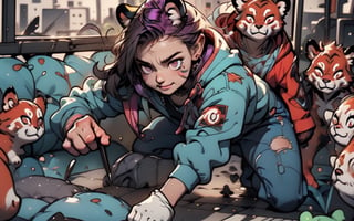 Comic, kawaii, master piece, werewikf in an abandoned zombie filled city, red_panda_hood, paw_gloves, Fur_boots, animal_marking, face_paint, chocolate_hair, violet_eyes, furry_jacket,yofukashi background, zombies,hinata,1990s \(style\),kusanagi motoko,city,chundef, action_pose, battle_stance, back_pack,running,teenage , ripped_clothing, bloody_clothes, sweatpants,Circle,vectorstyle, happy_face, hungry,cammy sf6,c.c.,manga,manwha,chara-sheet