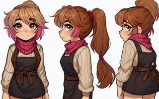 Emberlyn Coalhaven, a silly and sassy Welsh young girl of 16 with short copper-blonde hair with pink highlights, tied up in messy ponytail and ember eyes, cream and red hand-knitted wool sweater, leather apron, pink rainbow scarf, white background, character sheet, front view, side view,chara-sheet