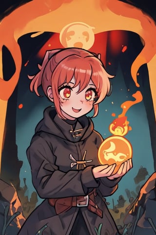 a cute and cheerful female Welsh 13th-century grave digger during the black plague with short strawberry blonde hair and ponytails and glowing ember eyes casting ghostly fire magic with an old magical miners lamp, in a haunted mountain town. kawaii, plague doctor