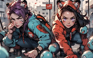 Comic, kawaii, master piece, werewikf in an abandoned zombie filled city, red_panda_hood, paw_gloves, Fur_boots, animal_marking, face_paint, chocolate_hair, violet_eyes, furry_jacket,yofukashi background, zombies,hinata,1990s \(style\),kusanagi motoko,city,chundef, action_pose, battle_stance, back_pack,running,teenage , ripped_clothing, bloody_clothes, sweatpants,Circle,vectorstyle, happy_face, hungry,cammy sf6,c.c.,manga,manwha,chara-sheet