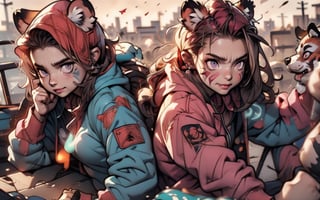 Comic, kawaii, master piece, werewikf in an abandoned zombie filled city, red_panda, paw_gloves, Fur_boots, animal_marking, face_paint, chocolate_hair, violet_eyes, furry_jacket,yofukashi background, zombies,hinata,1990s \(style\),kusanagi motoko,city,chundef, action_pose, battle_stance, back_pack,running,teenage , ripped_clothing, bloody_clothes, sweatpants,Circle,vectorstyle, happy_face, hungry,cammy sf6,c.c.,manga,manwha,chara-sheet