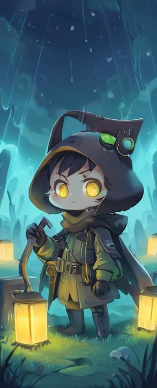 In a desolate world, a young grave digger boy roams the Bioluminescent tundra graveyard, his fur cloak and gas mask shielding him from the toxic air. With his magical miner's lantern and pick ax, he navigates the retro-future, hydro-punk landscape, reminiscent of a 1930s cartoon. But in this world, danger lurks around every corner. Will he find fortune or meet his doom on this treacherous journey?,gas mask,plague_doctor_mask ,Cybermask,3d style,chibi,sticker,kawaiitech