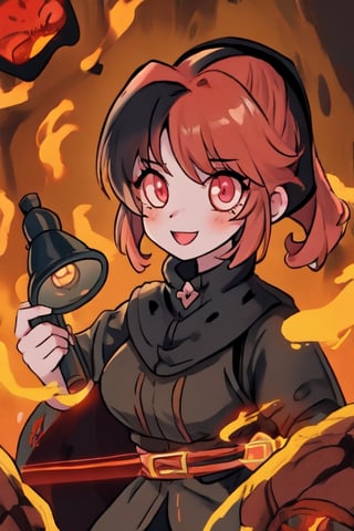 a cute and cheerful female Welsh 13th-century grave digger during the black plague with short strawberry blonde hair and ponytails and glowing ember eyes casting ghostly fire magic with an old magical miners lamp, in a haunted mountain town. Anime Cartoon,plague doctor