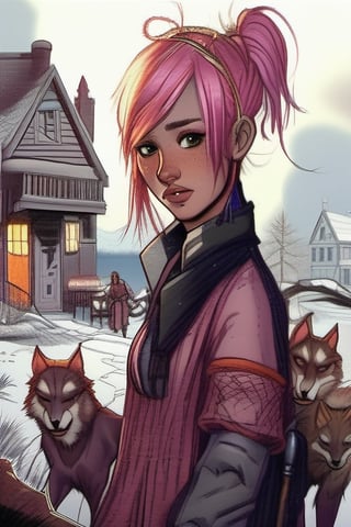  a young woman of 14 with short strawberry blonde hair tied up in messy ponytails and ember eyes armed with an Epee and miner's lanterns in cold barren island 1850s town at night during a terrible storm who is being hunted by Vampires, masterpiece, best quality,comic_book_cover, lycanthrope, amber_eyes, windy, raining, pink_hair,Extremely Realistic,3d style,sugar_rune,photo r3al