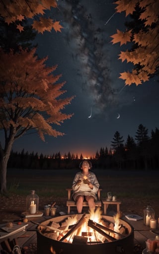 1930s (style), a loli girl roasting marshmallows over a campfire looking up at a stary night surrounded by maple trees, Sketch, autumn_leaves, star_(sky),Lofi,LOFI,cassdawnlvl1,day,EpicArt