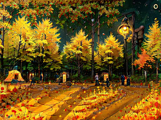 1930s (style),a campground surrounded by fall maple trees on a star-filled  night Sketch, autumn_leaves, star_(sky),Lofi,LOFI,cassdawnlvl1,day,EpicArt