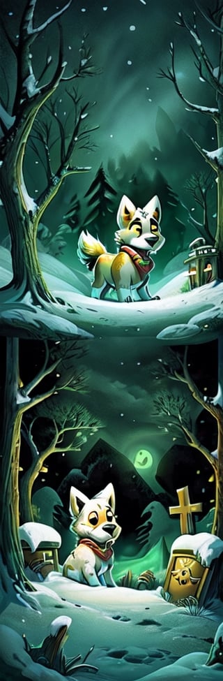 A small, trembling wolf pup with shaggy fur the color of sage green, lost in a foggy and haunted snow covered forest. Its eyes dart around nervously, searching for a way out. Suddenly, it spots a graveyard in the distance, sending shivers down its spine. The pup clutches onto its old, tattered green neck bandana for comfort, but it knows it's in for a spooky adventure.