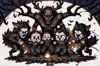 a pack of wolves fighting off a deer Wendigo, spooky, Halloween,3d style,v0ng44g,chibi