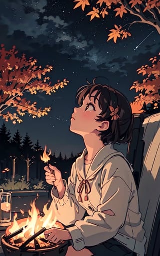 1930s (style), a loli girl roasting marshmallows over a campfire looking up at a stary night surrounded by maple trees, Sketch, autumn_leaves, star_(sky),Lofi,LOFI,cassdawnlvl1,day,EpicArt