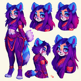 (CharacterSheet:1), sexy,red_panda,Indian,Saree, lavender_hair, blue_eyes, anthromorph, high_resolution, digital_art, cute_fang, golden_jewelry, messy_hair, curvy_figure, red loin_cloth, body scars, (multiple views, full body, upper body, reference sheet:1), back view, front view,(white background, simple background:1.2),(dynamic_pose:1.2),(masterpiece:1.2), (best quality, highest quality), (ultra detailed), (8k, 4k, intricate), (50mm), (highly detailed:1.2),(detailed face:1.2), detailed_eyes,(gradients),(ambient light:1.3),(cinematic composition:1.3),(HDR:1),Accent Lighting,extremely detailed,original, highres,(perfect_anatomy:1.2)