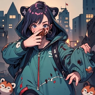 1930s (style), Comic, kawaii, master piece, beautiful boy in an abandoned zombie filled city, red_panda, paw_gloves, Fur_boots, animal_marking, face_paint, chocolate_hair, violet_eyes, furry_jacket,yofukashi background, zombies,hinata,1990s \(style\),kusanagi motoko,city,chundef, action_pose, battle_stance, back_pack,running,teenage , ripped_clothing, bloody_clothes, sweatpants,Circle,vectorstyle, happy_face, hungry,cammy sf6,c.c.,manga,manwha,chara-sheet, animal_tail