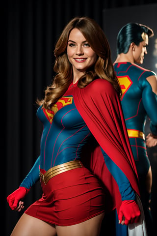 [from behind], (extremely detailed 8k wallpaper), masterpiece, best quality, ((intricate detail)), high-res, ((drawn)), (((realism))), cinematic lighting, detailed gorgeous face, slightly smile, a beautiful cosplayer of supergirl having a wardrobe malfunction, wearing a blue hot skirt, thigh tigh stockings, a red cape and a white superman's t-shirt, gloves, accurate cape brooches, modeling with charm on stage ,((accurate female anatomy, blond hairy pubes:1.4, (uncensored), exposed_navel,accurate wardrobe behavior, detailed skin, some small moles:1.3 , very small skin imperfections:1.2, accurate crotch, perfect hands, accurate fingers gestures, accurate stage as background, lifted_skirt , perfect tights
