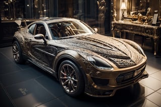 , A luxurious supercar,(body color:black piano),(intricate engraved bodywork:1.6),lights on,on a minimalist downtown,(at night),ultrarealistic,amazing details 