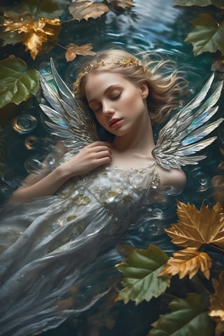 From above,full_body,High resolution, extremely detailed, atmospheric scene, masterpiece, best quality, 64k, high quality, (HDR), HQ , illustration, very detailed, beautiful and aesthetic, a detailed image of a beautiful fairy sleeping on one leaf floating on crystal clear waters, the fairy's skin is shiny and perfect slightly covered with golden powder, she's sleeping in fetal position, she has wings similar to a hummingbird bathed in silver, dressed in a tiny suit, her blond hair is loose and she is barefoot, the leaf where she sleeps is fresh and its veins are shiny and its surface glossy, the water is so clear that you can see the colorful rocky background,(ultra quality image), Highly detailed, (ultra detailed image), ultra high res,  (cinematic light), overcast lighting,lens flare, (vibrant color), ambient lighting, Exquisite details and textures, cinematic shot, ultra-detailed, ultra highres, uhd, diorama close up, 1 girl,high detailed background,((full body on frame)),Add more details