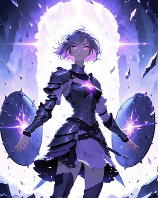 a beautiful woman in medieval armor, several shields levitate around her, short hair, glowing purple eyes, medium chest, cute, fantasy background,blacklight,shards, battle_stance