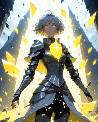 a beautiful woman in medieval armor, several shields levitate around her, short hair, glowing yellow eyes, medium chest, cute, fantasy background,blacklight,shards