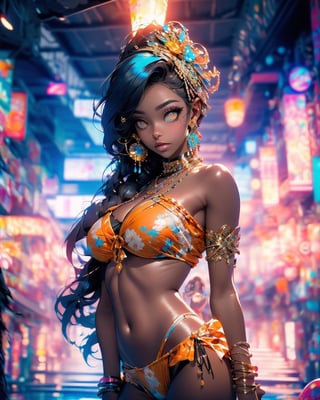 beautiful black skin woman, bandeau on breasts, (((intricate/epic/classy/fancy/shiny/colorful/amber bikini))), gloss/jewels/earing, (((shiny/intricate/details/beautiful/cute/colorful/amber eyes))), landscape, pool, swim