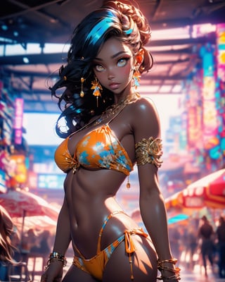 beautiful black skin woman, bandeau on breasts, (((intricate/epic/classy/fancy/shiny/colorful/amber bikini))), gloss/jewels/earing, (((shiny/intricate/details/beautiful/cute/colorful/amber eyes))), beach