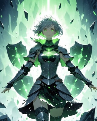 a beautiful woman in medieval armor, several shields levitate around her, short hair, glowing green eyes, medium chest, cute, fantasy background,blacklight,shards, battle_stance