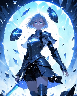 a beautiful woman in medieval armor, several shields levitate around her, short hair, glowing blue eyes, medium chest, cute, fantasy background,blacklight,shards, battle_stance