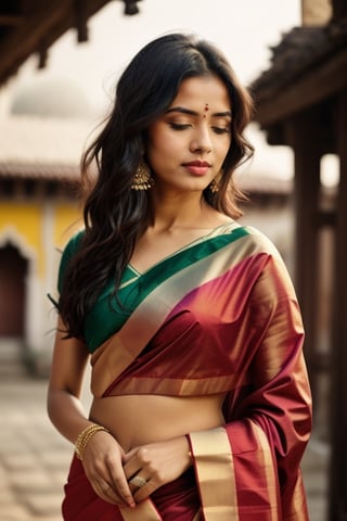 A beautiful women wearing a silk saree, temple background , closing her eye and pray , (High Quality)