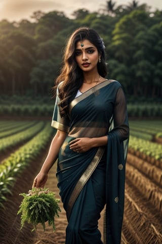 Beautiful woman, beautiful light, dramatic atmosphere, ultra quality,  stunning, intricately detailed dramatic image ,plant in hand ,transparency, subtlety, kerala type Makeup,  agriculture field backgroud, beautiful hands, detailed fingers,detailed eyes, black color saree , leonardo , cover with dress top to bottom 