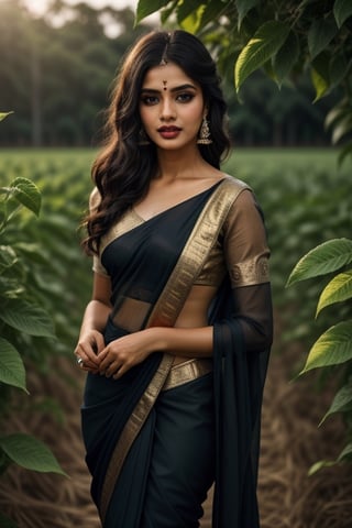 Beautiful woman, beautiful light, dramatic atmosphere, ultra quality,  stunning, intricately detailed dramatic image ,plant in hand ,transparency, subtlety, tamil type Makeup,  agriculture field backgroud, beautiful hands, detailed fingers,detailed eyes, black color saree , leonardo , cover with dress top to bottom 