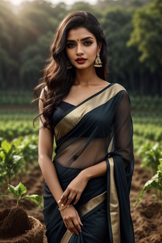 Beautiful woman, beautiful light, dramatic atmosphere, ultra quality,  stunning, intricately detailed dramatic image, planting trees , transparency, subtlety, hindi type Makeup,  agriculture field backgroud, beautiful hands, detailed fingers,detailed eyes, black color saree , leonardo , cover with dress top to bottom 