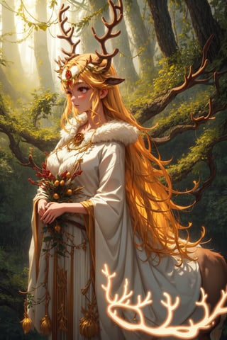 A majestic reindeer lady stands proudly in a misty forest clearing, illuminated by soft, golden light. Her antlers reach towards the sky, adorned with delicate vines and berries. A gentle rain falls around her, glistening on her fur as she gazes serenely into the distance.,Eyes