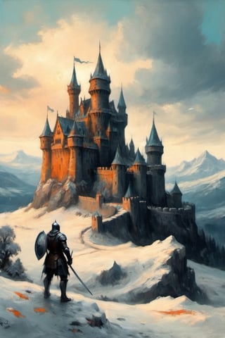 A knight on a snow covered mountain in front of a castle, in the style of goblincore, eroded interiors, intel core, dark cyan and orange, 32k uhd, made of wrought iron,