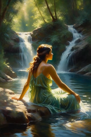 The painting depicts a serene scene of a woman bathing in a shimmering waterfall, her translucent garments clinging to her body as she bathes in the cool, crystal-clear water. The sunlight filters through the trees, creating a dappled effect on the cascading water and illuminating the woman's figure. The artist has captured a sense of tranquility and beauty in this peaceful moment, inviting the viewer to pause and appreciate the natural grace of the woman and the surrounding landscape. The colors are rich and vibrant, with the greens of the foliage and the blues of the water blending together in a harmonious symphony of nature's beauty.