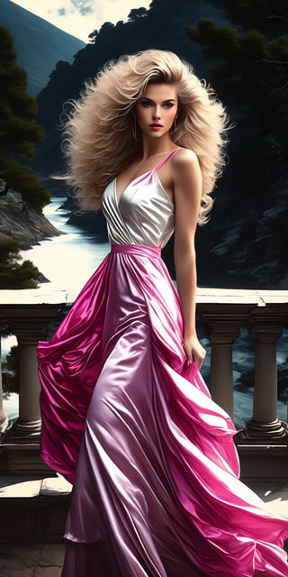 The Beauty, Manuela Vision in the mood, stunning black and pink 80s Style Dress, breathtaking white blonde long curly 80s hair, amazing landscape as background, a blend of Artgerm and Rubens painting style, 8K