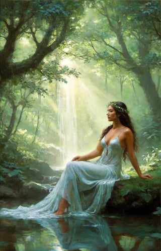 Within the verdant depths of an enchanted forest, an elven nymph bathes in a secluded glen. Sunlight filters through the canopy, dappling the crystal-clear waters where she frolics with ethereal grace. Her slender form is enveloped in shimmering droplets, her long hair cascading like liquid silver. Amidst the rustling leaves and birdsong, she embodies the untamed beauty of the wilderness, a mystical presence amidst the tranquil embrace of nature's sanctuary.