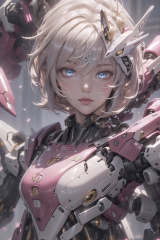 1girl, solo, breasts, looking at viewer, short hair, bangs, blue eyes, blonde hair, hair between eyes, medium breasts, closed mouth, upper body, medium hair, lips, grey eyes, bodysuit,Mecha body,High detailed ,mecha,finger frame